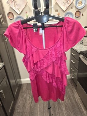 No Boundaries Hot Pink Ruffle & Lace Scoop Neck Top